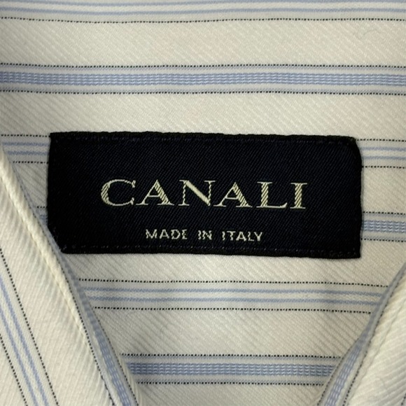 Canali Striped Dress Shirt Mens 17 White Blue Stripe Cotton Spread Collar Italy - Picture 4 of 11